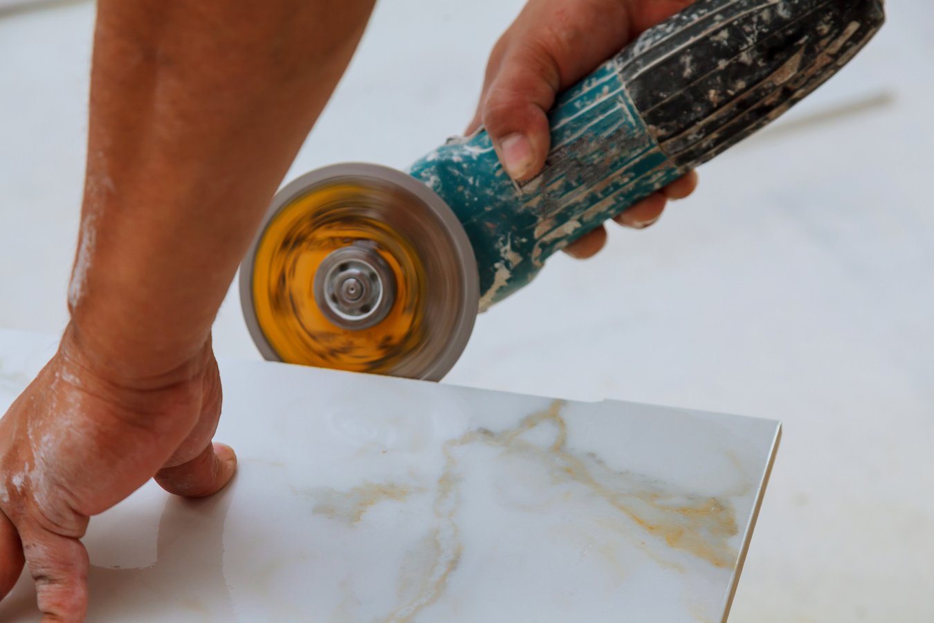 Industrial Tiler Builder Worker Installing Floor Tile